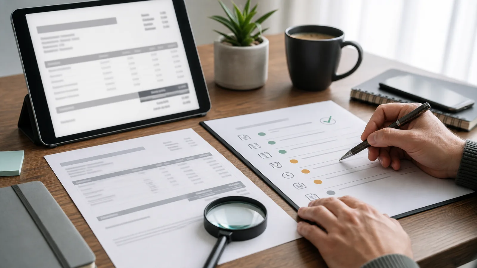 Persona revisando el estado de una factura con checklist y documentos sobre la mesa